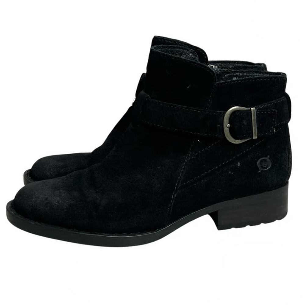 Born Jorgette Charcoal‑Black Suede Distressed Buckle Zip Ankle Boots W 8